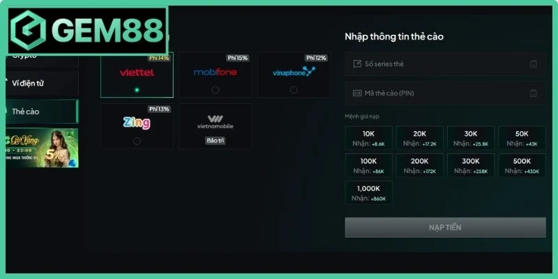 Nạp Tiền Gem88 - Hướng Dẫn Chi Tiết Thao Tác Chuẩn 2 Giao dịch nhanh bằng thẻ cào di động